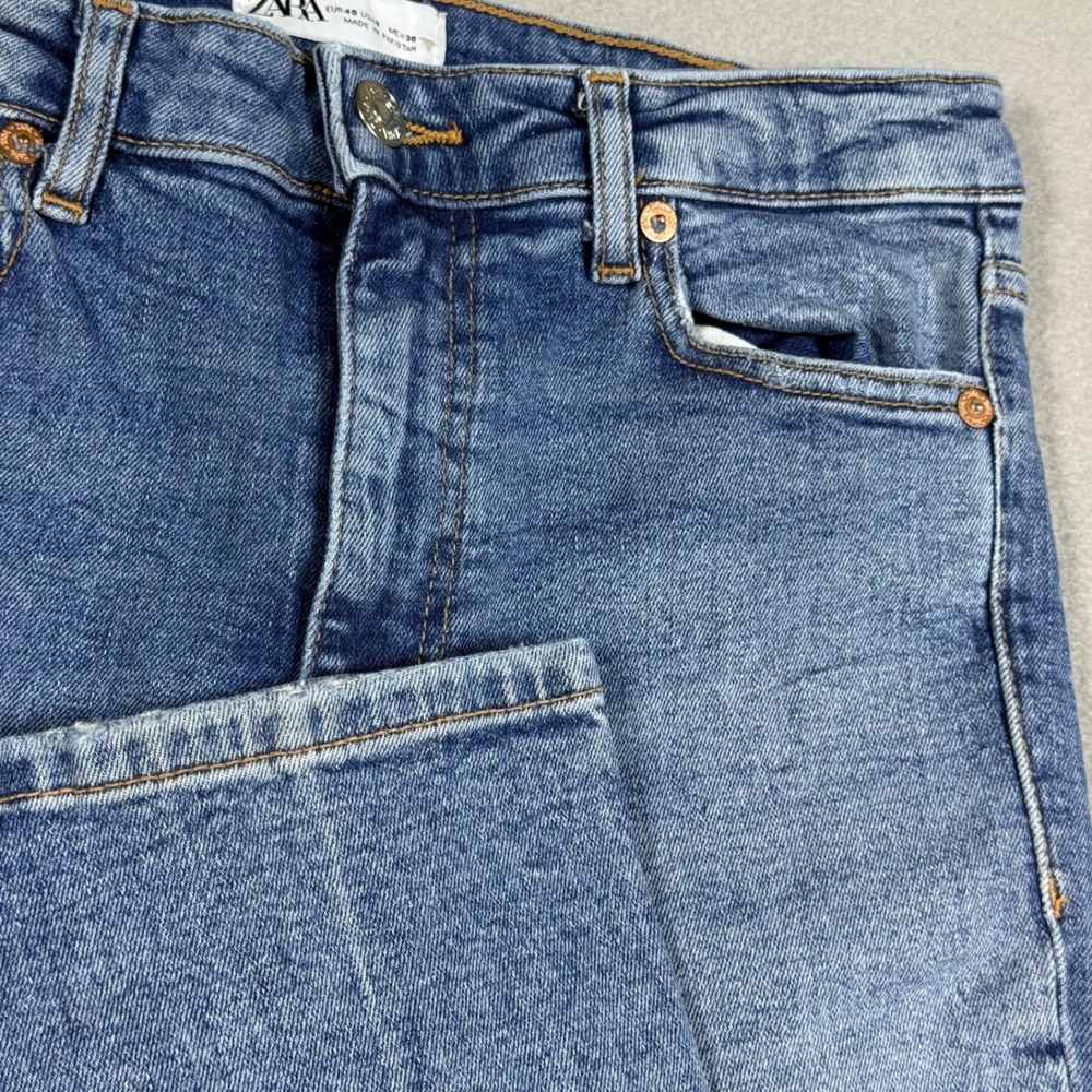 Zara High Rise Straight Leg Distressed Ripped Jeans Blue Side Slit Size 8